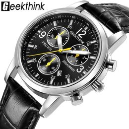 Wristwatches GEEKTHINK Casual Leather Strap Quartz Watches Men's Top Brand Fashion Wrist Watch Clock Male Steel Band Classic Design