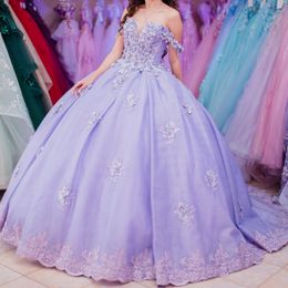 Lavender Mexican Quinceanera Dresses Handmade 3D Floral Applique Beads Birthday Princess Formal Ball Gowns Vestidos XV 15 Anos