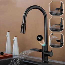 Kitchen Faucets Waterfall Digital DisplayTemperature Sensor Faucet Pull Out Stream Sprayer Cold Water Sink Mixer Tap For