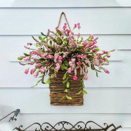 Decorative Flowers Spring Summer Simulation Hanging Basket Wreath Pink Berry And Wildflower White Ball Embroidery Garland