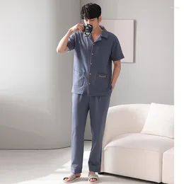 Men's Sleepwear Plus Size 4XL-7XL Man Home Sleep Short Sleeve Tops Long Pants 2Piece Set Summer Men Pyjamas Cardigan Cotton Casual