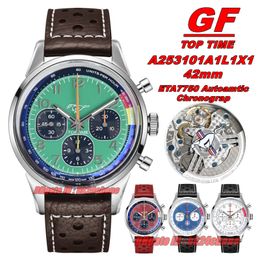 GF Factory Watches 42MM A253101A1L1X1 Top Time Ford Mustang Stainless Steel ETA7750 Autoamtic Chronograph Mens Watch Green Dial Leather Strap Gents Wristwatches