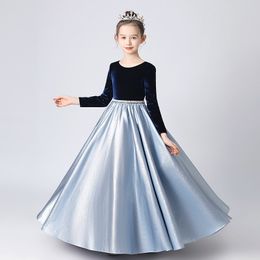 2023 Cute satin velvet Flower Girls Dresses new Long Sleeves For Weddings Lace Appliques Ball Gown Birthday Girl Communion Pageant Gowns blue birthday party dress