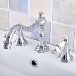 Bathroom Sink Faucets Brass Chrome Finish Two Ceramic Handle Deck-Mount 3 Hole Widespread Lavatory Vessel Basin Faucet Mixer Tap Dnf544