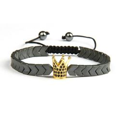 Cz Crown Men Bracelets Whole Micro Pave Black Cz Gold Crown Macrame Bracelet with Hematite Stone Beads Gift For Men8772384