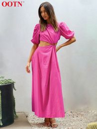 Casual Dresses OOTN Pink Hollow Out Dresses For Women Robe Chic Summer O-Neck Puff Sleeve Midi Dress A-Line Single Breasted Elegant Dress 230404