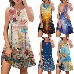 Casual Dresses Summer For Women Trendy Boho Floral Print Cover Up Crew Neck Sleeveless Comfortable Sundresses Cocktail