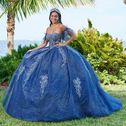 Blue Sweetheart Shiny Quinceanera Dresses Off the Shoulder Applique Lace Beads Mexican XV Girls Pageant Gowns vestidos de 15 anos