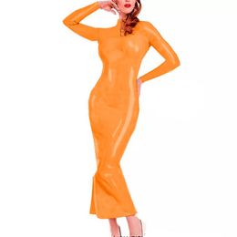 Casual Dresses Women High Neck PVC Long Dress Pole Dance Clubwear Ankle Length Skinny Nightclub Party Wet Look Faux Leather Maxi