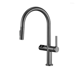 Kitchen Faucets Copper Digital Display Infrared Induction Pull-out And Cold Washing Basin Sink Faucet Splash-Proof