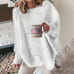 Women's Sweaters 2023 Female Autumn Winter Beaded Lantern Sleeve Fluffy Clothing And Pullovers Solid Knitted Long Top