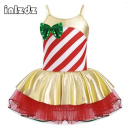 Stage Wear Girls Elf Christmas Dress Kids Candy Cane Striped Sequins Santa Claus Cosplay Costume Carnival Party Ballet Leotard Tutu