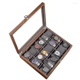 Watch Boxes Walnut Box Solid Wood Organiser 18 Slots Transparent Skylight Men Wrist Watches Display Collection Storage