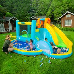 Vatten studsa hus Uppblåsningsbart Slide Park Playhouse för barn Bouncy Castle med Splash Pool utomhus bakgård Marine Whale Theme Combo Toys Small Birthday Party Presents