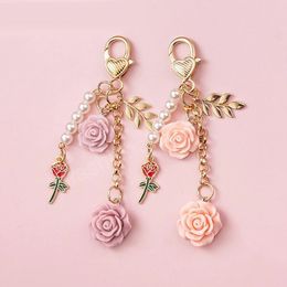 Sweet 3D Rose Flower Keychain Multicolor Flower Keyring With Pearl Tassel Metal Leaf Women Earphone Case Handbag Accessories