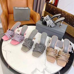 2023 Designer luxury Rhinestone high heels slippers classic women 100% leather pink/apricot/black/silver outdoor Rhinestones strip sandals Lady Stiletto heel shoes