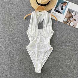 Nxy Mesh Sexy Halter Playsuits Women Backless Lace Up Inside Wear Thin Slim Fashion Solid Strapless Summer Bodysuits 230328