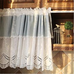 Curtain Nordic Country Lace Half Pure White Embroidery Blue Stripes Cotton Coffee Short For Kitchen Cabinet Door