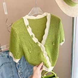 Women's Knits 2023 Summer Knitted V-neck Cardigan Sweater Women Short Sleeve Single-breasted Tops Vintage High Street Knitwear Mujer