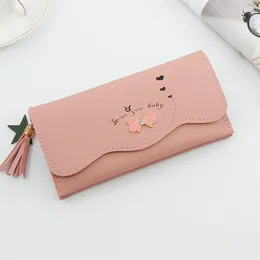 Wallets Women Leather Fashion Tri-fold Buckle Tassel Coin Purses Female Bow Long Solid Color Card Holder Cartoon Money Clip