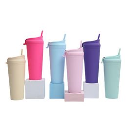 24oz Plastic tumblers double walled matte colors drinking tumblers with lid straw acrylic water bottle BPA free