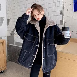 Women's Down Plus Velvet Thickening Denim Jackets Autumn Winter Turn-down Collar Single-breasted Oversized Coat Women All-match Warm