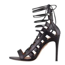 Sandals Open Toe Cross Tied Ankle Thin Heel Shoes Est Fashion Women Summer Lace Up Luxury Zipper Black