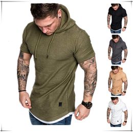 Mens TShirts Brand Gym Clothing Bodybuilding Hooded Short Sleeve Sweatshirt Fitness Training Sportswear Top 230404