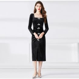 Basic Casual Women Dresses Velvet Bodycon Midi Dress Women Square Collar Beaded Bow Slim Long Sleeve Split Wrap Vestidos Female Autumn Winter Clothes 2024