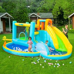 Whale Inflatable Slide for Kids Water Park with Splash Pool Outdoor Play Fun in Garden Backyard Marine Theme Combo Toys Small Birthday Party Gifts Home Use Castle