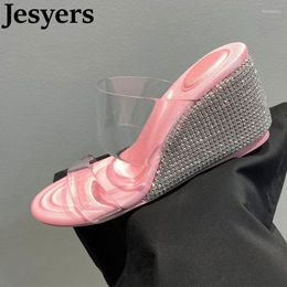 Slippers Bling Rhinestone Wedges High Heel Women Transparent PVC Open Toe Cryatal Sandals Summer Sexy Party Dress Shoes