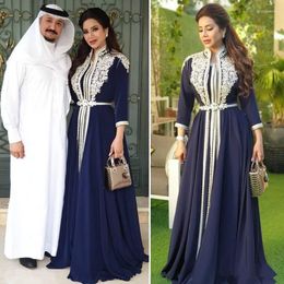 Party Dresses Navy Blue Muslim Prom Formal With Sleeves 2023 Arabic Kaftan Caftan Morocco Abaya Lace Applique Evening Reception Gown