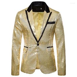 Men's Suits Gold Shiny Mens V Neck One Button Blazers Fashion Stage Master Of Ceremonies Men's Coats Wedding Prom Performance Hombre