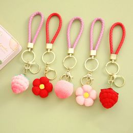 Creative Strawberry Fruit Flower Keychains Cute Woven Resin Pendant Keyring Bag Backpack Ornaments Car Key Accessories Gifts