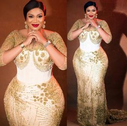 2023 Arabic Aso Ebi Gold Mermaid Prom Dress Beaded Sequined Lace Evening Formal Party Second Reception Birthday Engagement Gowns Dresses Robe De Soiree