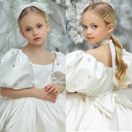 Girl Dresses White Puffy Sleeve Flower Summer Tutu Half Knee Length Christmas Gown Zipper Back With Bow Vestido