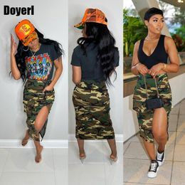 Skirts Army Green Cargo Skirt Women High Split Camouflage Pocket Stretchy Pencil Waist Korean Fashion Streetwear Long