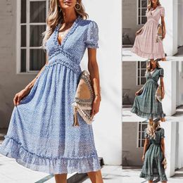 Casual Dresses Sexy Dot Print Puff Sleeve Summer Dress Elegant Deep V-neck High Waist Ruffles Midi For Women 2023 Holiday Party