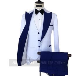 Men's Suits & Blazers Custom Made Bridegroom Marriage Wedding Suit White Blazer With Navy Blue Lapel Men Prom Party Tuxedo Jacket Vest Pants
