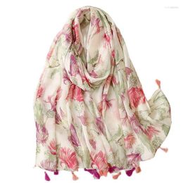 Scarves Spring Singing Of Birds And Fragrance Flowers Cotton Linen Hand Scarf Women's Red Flower Tassel Tourism Beach Shawl