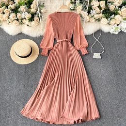 Casual Dresses 2023 Autumn Fashion French Pleated Maxi Dress For Women Elegant O Neck Long Sleeve A-line Wedding