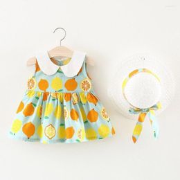 Girl Dresses Children's Dress Girls Cartoon Lemon Print Mini Skirt With Hat Baby Lapel Sleeveless Suspender Short June - 3 Years Old