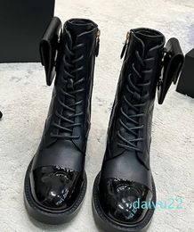 Letter Side Wear Small Bag Martin Boot Cowhide Fabric Anti Slides Sole Lace up Zipper Opening Ladies Booties