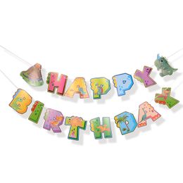 Cartoon Dinosaur Banner for Boy Theme Flag Children Birthday Party Arrangement Green Forest Dinosaur Paper Birthday Pull Flag 122380