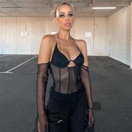 Women's Blouses 2023 Style Fashion Women Sexy Mesh Patchwork Sheer Tops Halter Neck Open Back Flared Sleeve Bandage Shirts