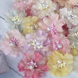 Decorative Flowers 10PCS/Lot 7CM 3D Cored Organza Chiffon Fabric Artificial Fake Flower Head Wedding Dress Hats Headband Brooch DIY Home