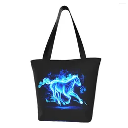 Shopping Bags Reusable Blue Fire Horse Bag Women Canvas Shoulder Tote Washable Abstract Animal Art Groceries Shopper