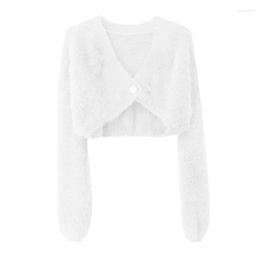Women's Polos Women's Furry Warm Coat Long Sleeves Cropped Jackets Fashion V Neck One Button Knitted Tops For Dating Party Shopping