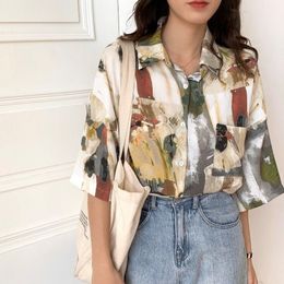 EBAIHUI Women Vintage Blouse Beautiful ChicClothing Lady Oil Painting Print Shirt Korean Streetwear Short Sleeve Shirts for Girl