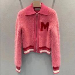 Women's Knits Vintage Sweater Coat Women 2023 Autumn Winter Elegant Sweet Pink Letter Jacquard Zipper Lamb Wool Knitted Cardigan Jacket